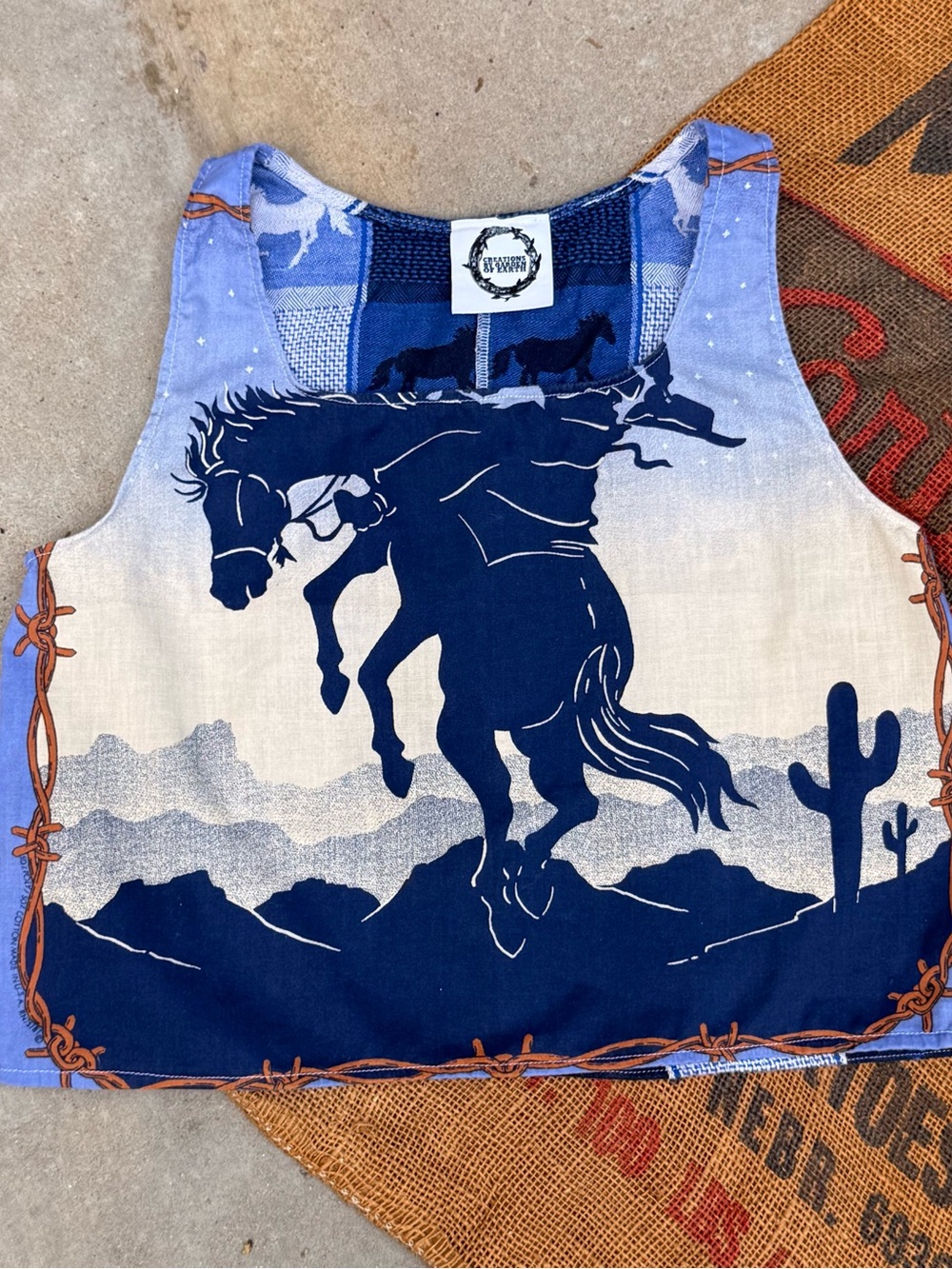 Handmade vintage fabric western  Navy Blue Horse Tank Top -
